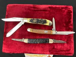 Trio of Folding Pocket Knives, Klein Tools & Elk Ridge Trappers, Remington UMC Double Knife