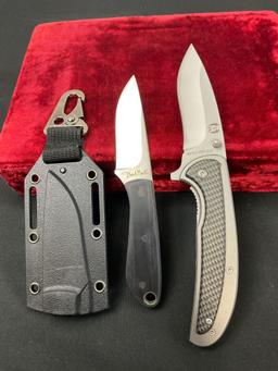 Pair of Benchmark Knives, Backpacker 420 fixed blade & another folder with carbon fiber accents