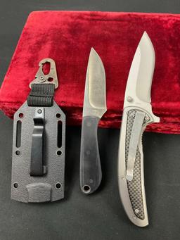 Pair of Benchmark Knives, Backpacker 420 fixed blade & another folder with carbon fiber accents