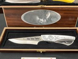 Pair of BudK Gift Sets, Decorative Knives in Boxes, Fixed Blades with Fine Ornate Detail