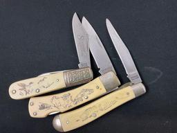 Trio of Schrade Scrimshaw Folding Pocket Knives, Models SC506, 515SC & SC583