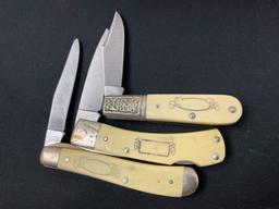 Trio of Schrade Scrimshaw Folding Pocket Knives, Models SC506, 515SC & SC583