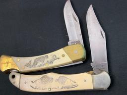 Pair of Vintage Schrade Scrimshaw Folding Pocket Knives, Models SC500 & 507SC, w/ Leather Sheaths