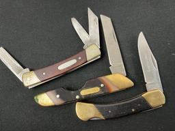 Trio of Folding Pocket Knives, Buck 703 Stockman, Schrade Old Timer 19OT, Japanese Buck Clone