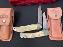 Pair of Vintage Schrade Scrimshaw Folding Pocket Knives, Models SC508 & SC705, w/ Leather Sheaths