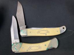 Pair of Vintage Schrade Scrimshaw Folding Pocket Knives, Models SC508 & SC705, w/ Leather Sheaths