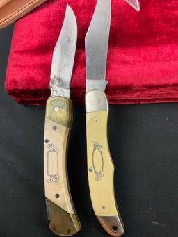 Pair of Vintage Schrade Scrimshaw Folding Pocket Knives, Models SC500 & SC507, w/ Leather Sheaths