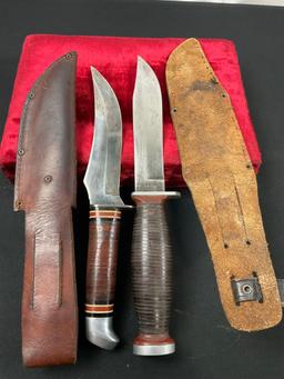 Pair of Schrade-Walden Fixed Blade Knives, models 148 & H-15, w/ Leather Sheaths