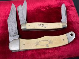 Pair of Vintage Schrade Scrimshaw Folding Pocket Knives, Models SC500 & SC505