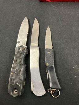 6x Schrade Folding Pocket Knives, Models 3x 47OT, CH3, SS30, SP1, stainless blades, plastic handles