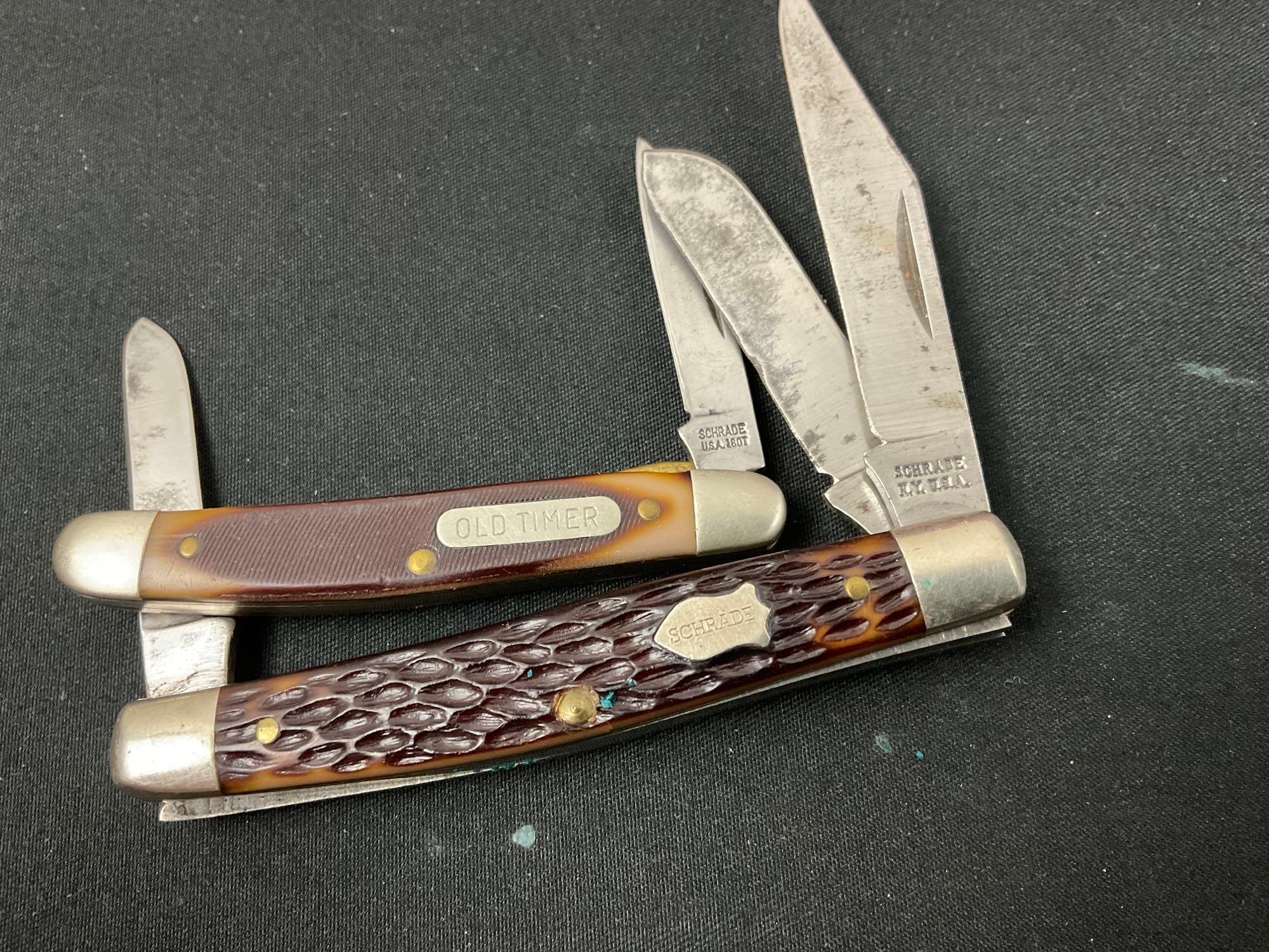 5x Schrade Folding Pocket Knives, Models 2x 108OT, 18OT, 834 & 1 Imperial Prov R.I. USA Knife