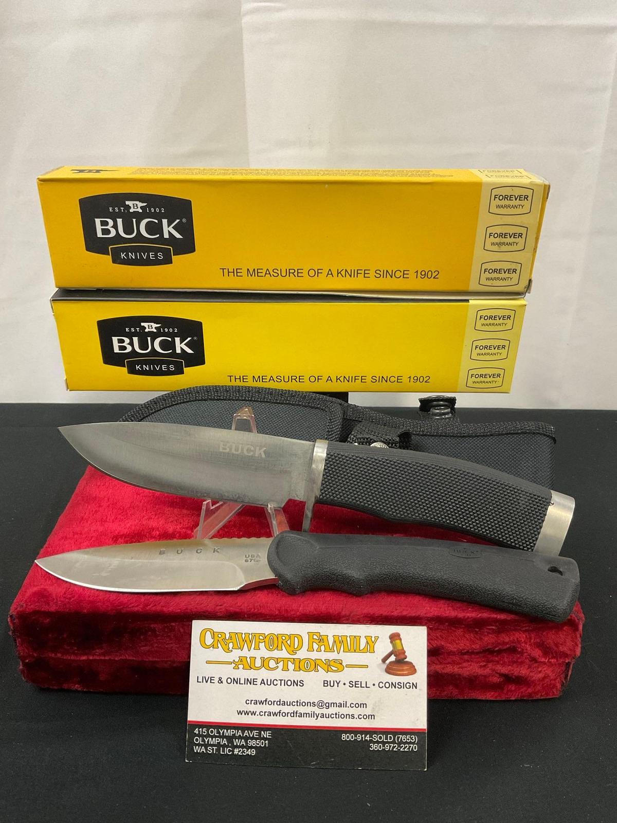 Pair of Fixed Blade Buck Knives, Modern Stainless & 679, 4-4.5 inch blades