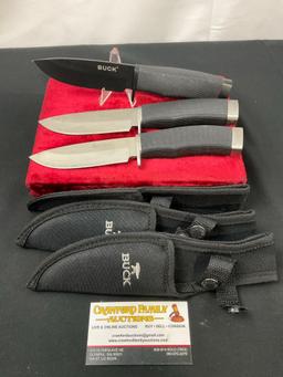 Trio of Classic Buck Fixed Blade Knives, w/ nylon sheaths, 4.5 inch blades