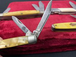 4x Folding Multi Blade Pocket Knives, Queen Stockman, Camillus Double Blade, unmarked single blade