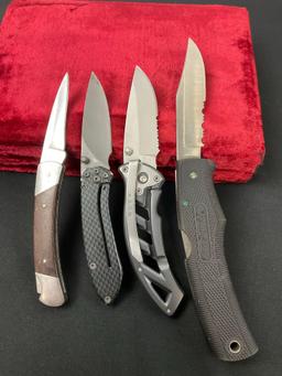 3x Vintage Buck Knives, Models 318, 327, 501 w/ sheaths & Remington Grizzly Camp Knife