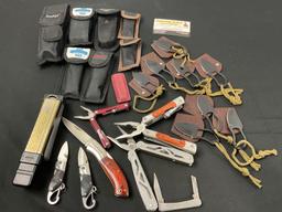 Large Assortment of Knives & Multitools, 16 items all w/ cases, Smiths tool & honing rod