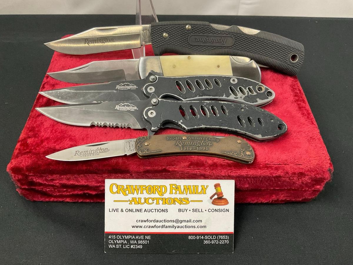 5 Folding Pocket Knives, 4x Remington Knives, R-5 150 anniversary, 2x Sportsman R20003, Grizzly