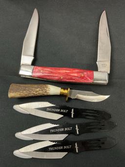 Folding Double Knife w/ Bone Handle BH002, Antler Handle Skinner, 3x throwing Knives w/ sheath