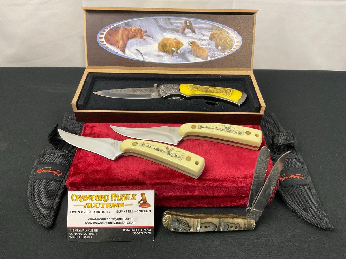 4x Ocoee River Cutlery, Ornately Engraved Knife, Pair of Handles, and MOP style Double Knife