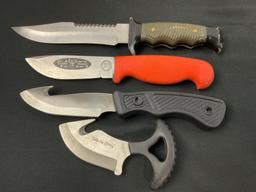 4x Fixed Blade Knives, Camco Guthook, Trophy Hunter, Blackie Collins Gut Zipper, Muela Survival
