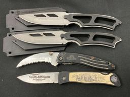 4x Modern Smith and Wesson Knives, 2x SW990, Cuttin Horse CH004, S&W Scrimshaw Cabin scene 313