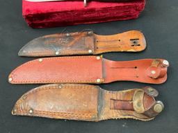 Trio of Schrade-Walden Fixed Blade Knives, model H-15 & Vietnam Era Bowie Knife w/ Leather Sheaths