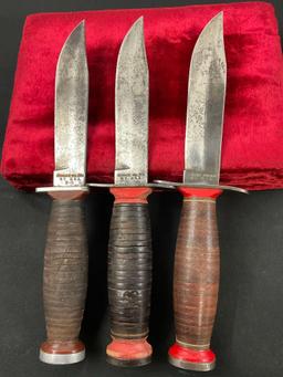 Trio of Schrade-Walden Fixed Blade Knives, model H-15 & Vietnam Era Bowie Knife w/ Leather Sheaths