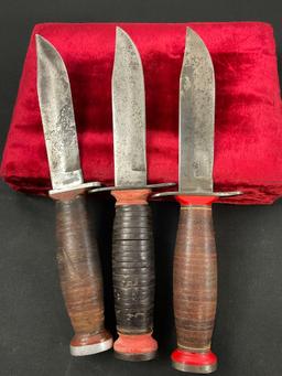 Trio of Schrade-Walden Fixed Blade Knives, model H-15 & Vietnam Era Bowie Knife w/ Leather Sheaths