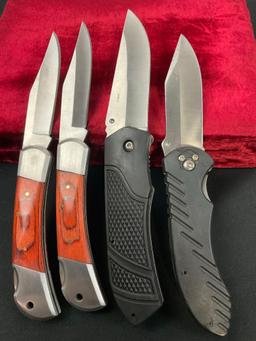 4x Folding Pocket Knives, 2x NWTF w/ rubber handles, 2x Yang Jin Stainless & Wooden handles