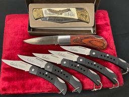 7x Asst Folding Pocket Knives, 6 Cabelas pieces, and 1 American Eagle w/ Brass and Scrimshaw Handle