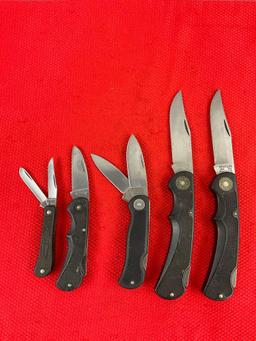 5 pcs Vintage Western Steel Folding Blade Pocket Knives Models 526, 546, & L. 1 Sheath. See pics.