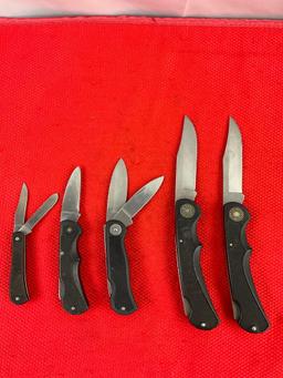 5 pcs Vintage Western Steel Folding Blade Pocket Knives Models 526, 546, & L. 1 Sheath. See pics.