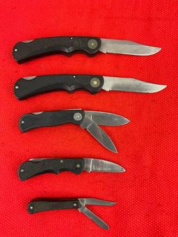 5 pcs Vintage Western Steel Folding Blade Pocket Knives Models 526, 546, & L. 1 Sheath. See pics.