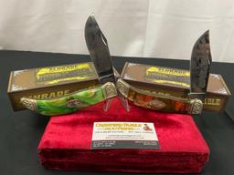 Pair of Limited Issue Handmade Schrade Knives, model SCLT & SCLD engraved blade Deer & Turkey sce...