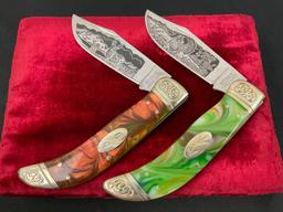 Pair of Limited Issue Handmade Schrade Knives, model SCLT & SCLD engraved blade Deer & Turkey sce...