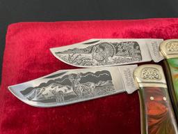 Pair of Limited Issue Handmade Schrade Knives, model SCLT & SCLD engraved blade Deer & Turkey sce...