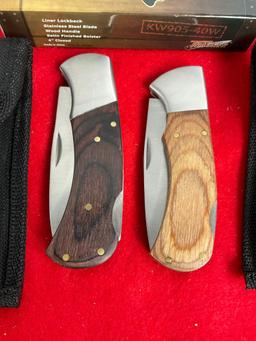2x NIB Tracker Wood & Stainless Steel Folding Pocket Knives - See pics