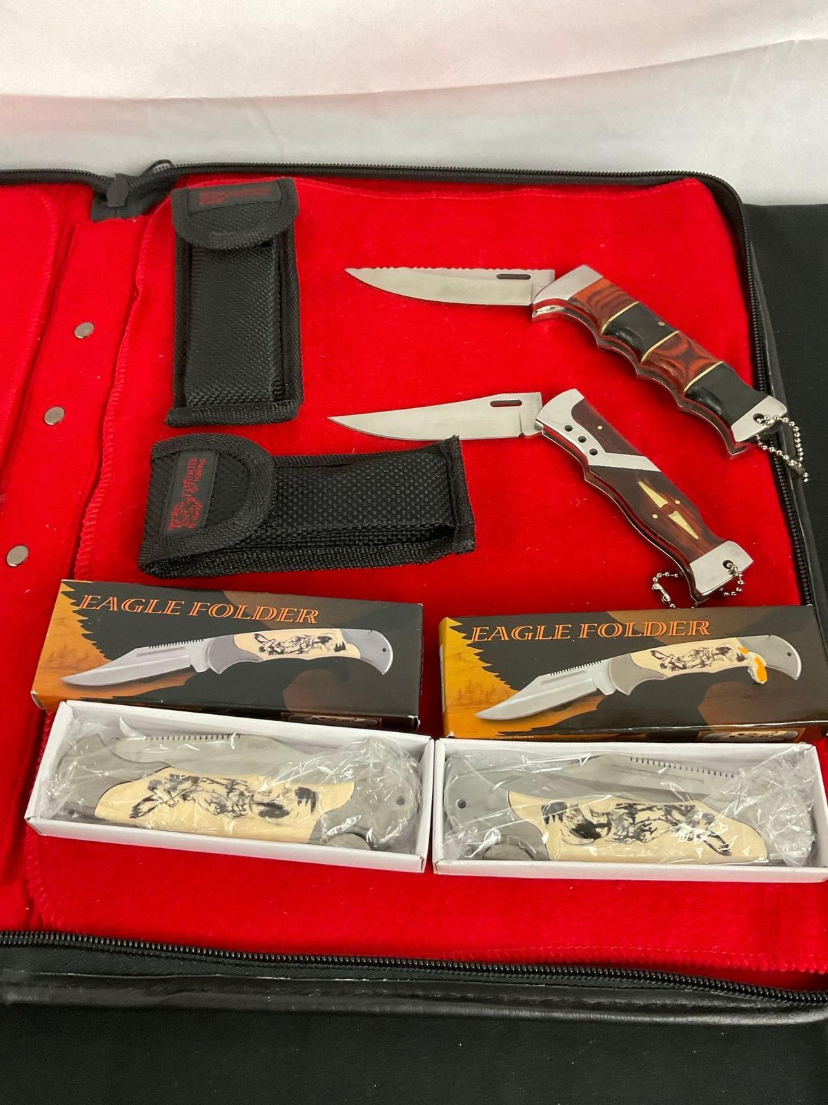 2x Fugunjie Columbia USA Folding Knives w/ Wood Handles & 2x Stainless Steel Eagle Folders