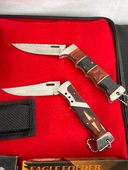 2x Fugunjie Columbia USA Folding Knives w/ Wood Handles & 2x Stainless Steel Eagle Folders