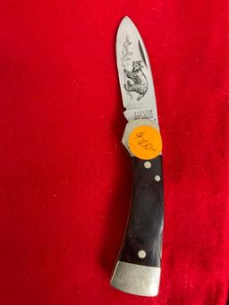 Vintage Western Bobcat Etched Folding Pocket Knife w/ Wood Handle - 100$ price tag