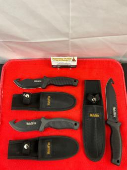 3 pcs WatchFire Steel Fixed Blade Hunting Knives w/ Sheathes. 2x 210922. 1x 210920. See pics.