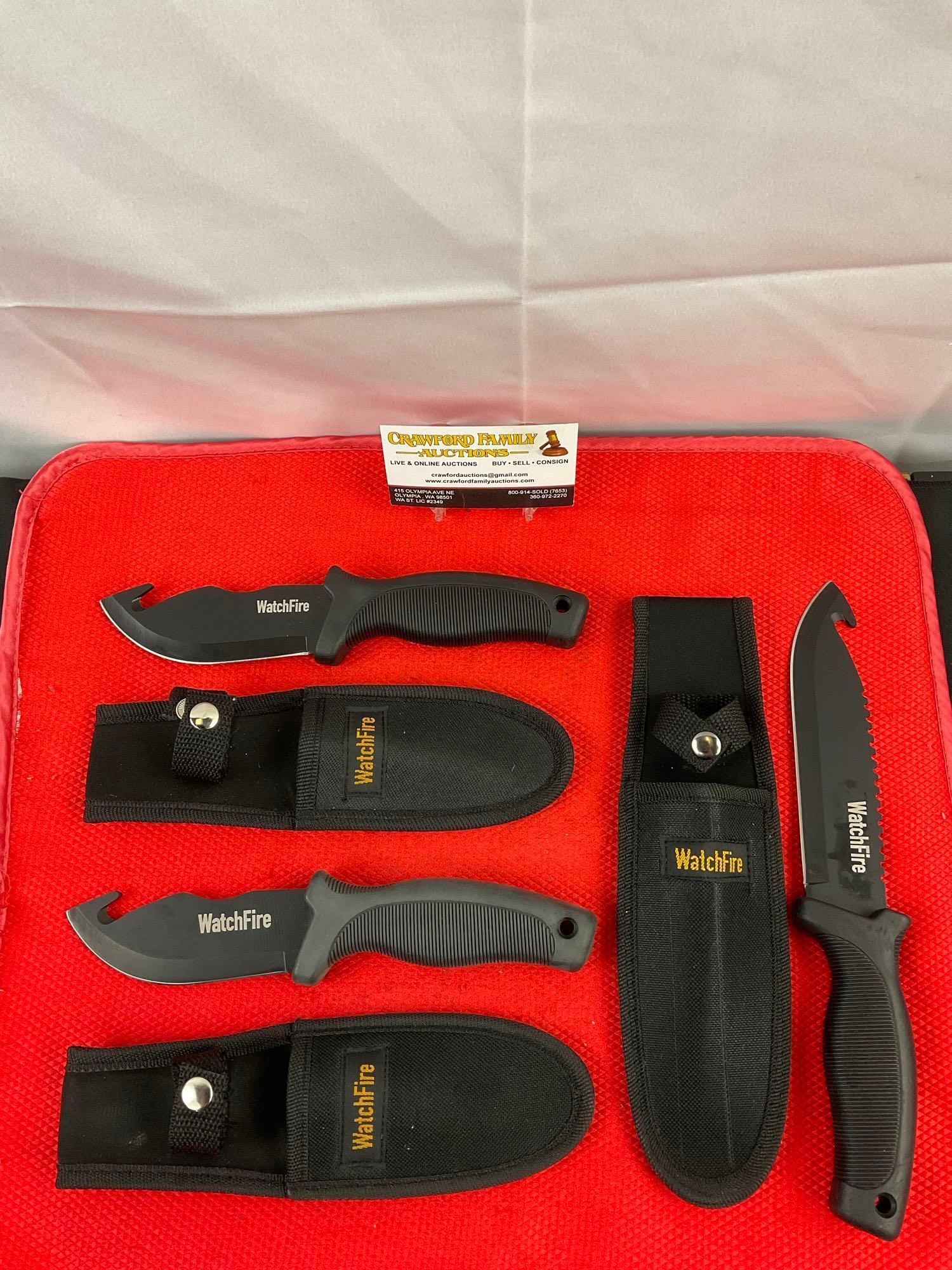 3 pcs WatchFire Steel Fixed Blade Hunting Knives w/ Sheathes. 2x 210922. 1x 210920. See pics.