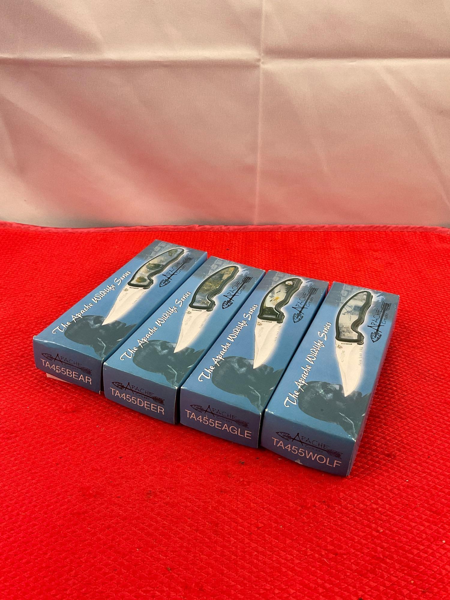 4 pcs Apache Cutlery Wildlife Series Folding Pocket Knives. TA455-BEAR, DEER, EAGLE, WOLF. NIB. See