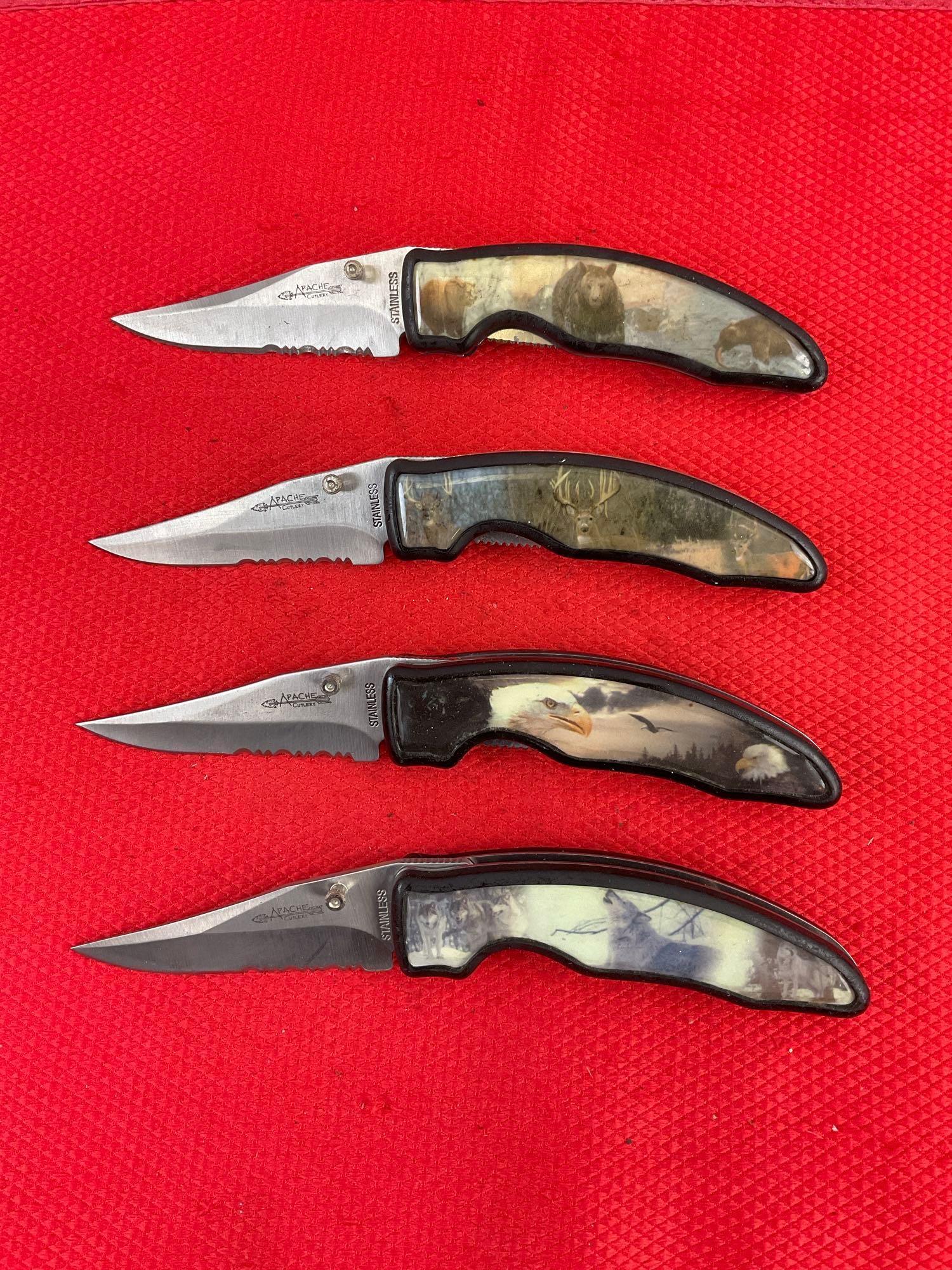 4 pcs Apache Cutlery Wildlife Series Folding Pocket Knives. TA455-BEAR, DEER, EAGLE, WOLF. NIB. See