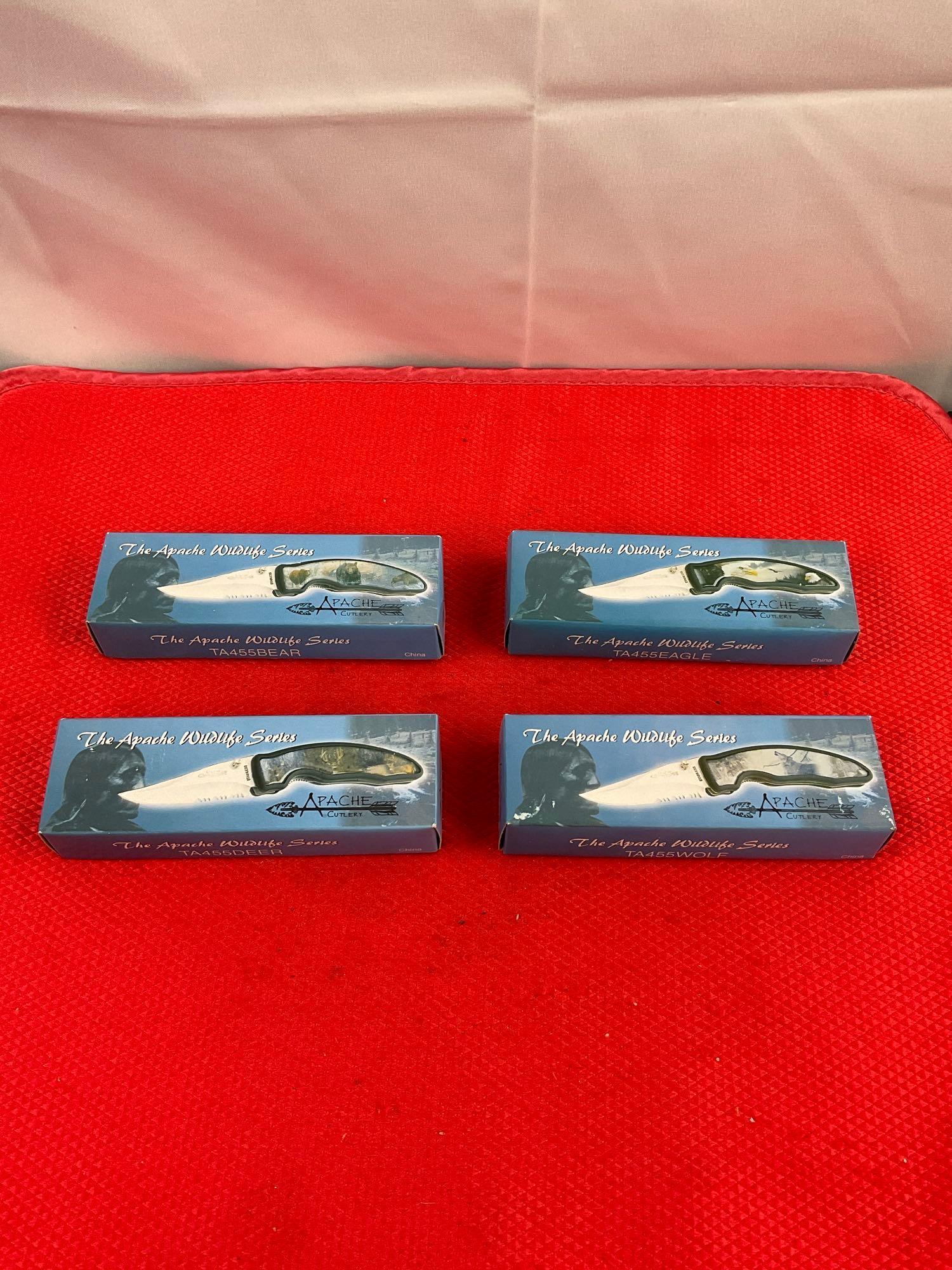 4 pcs Apache Cutlery Wildlife Series Folding Pocket Knives. TA455-BEAR, DEER, EAGLE, WOLF. NIB.