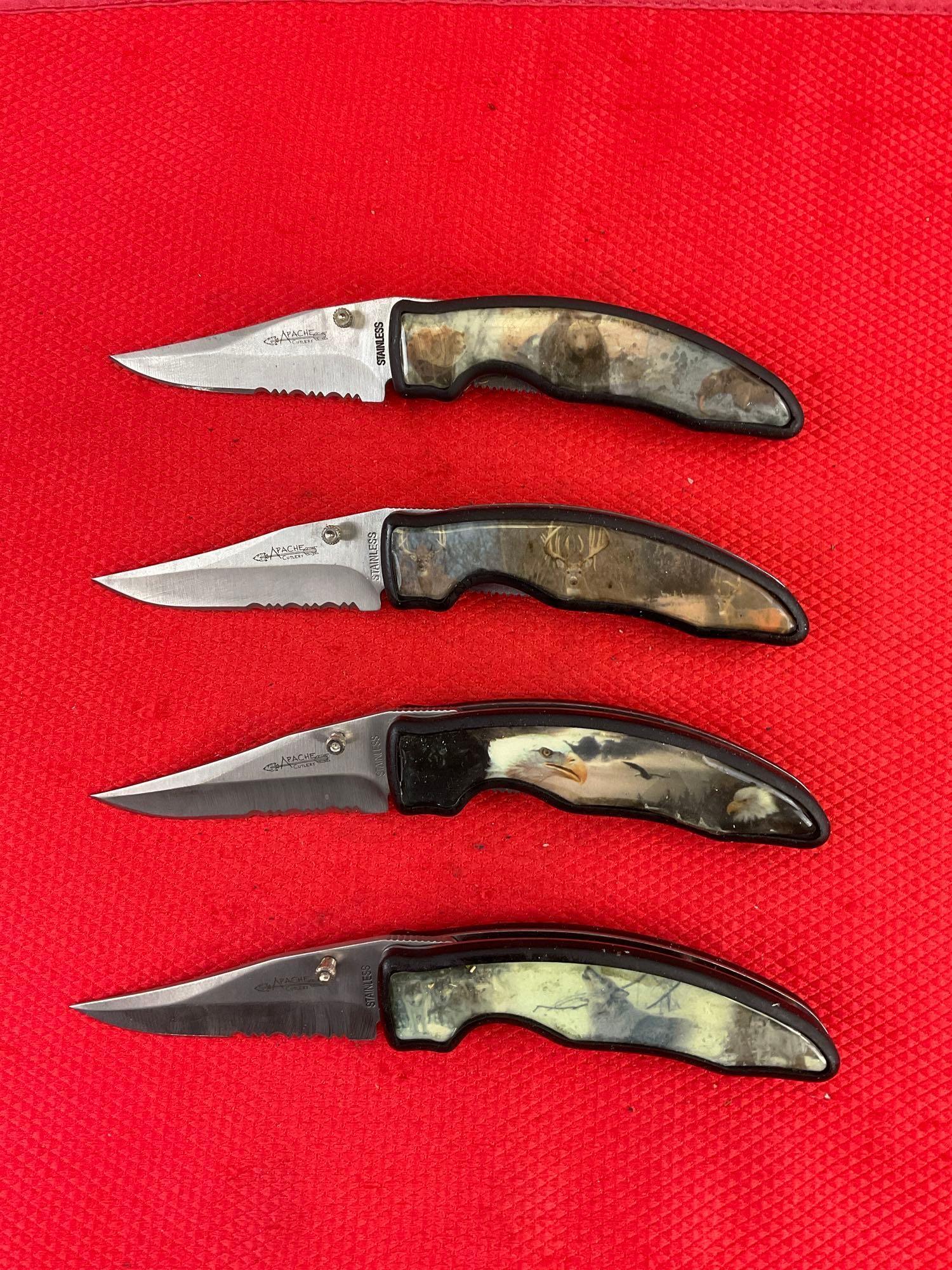 4 pcs Apache Cutlery Wildlife Series Folding Pocket Knives. TA455-BEAR, DEER, EAGLE, WOLF. NIB.