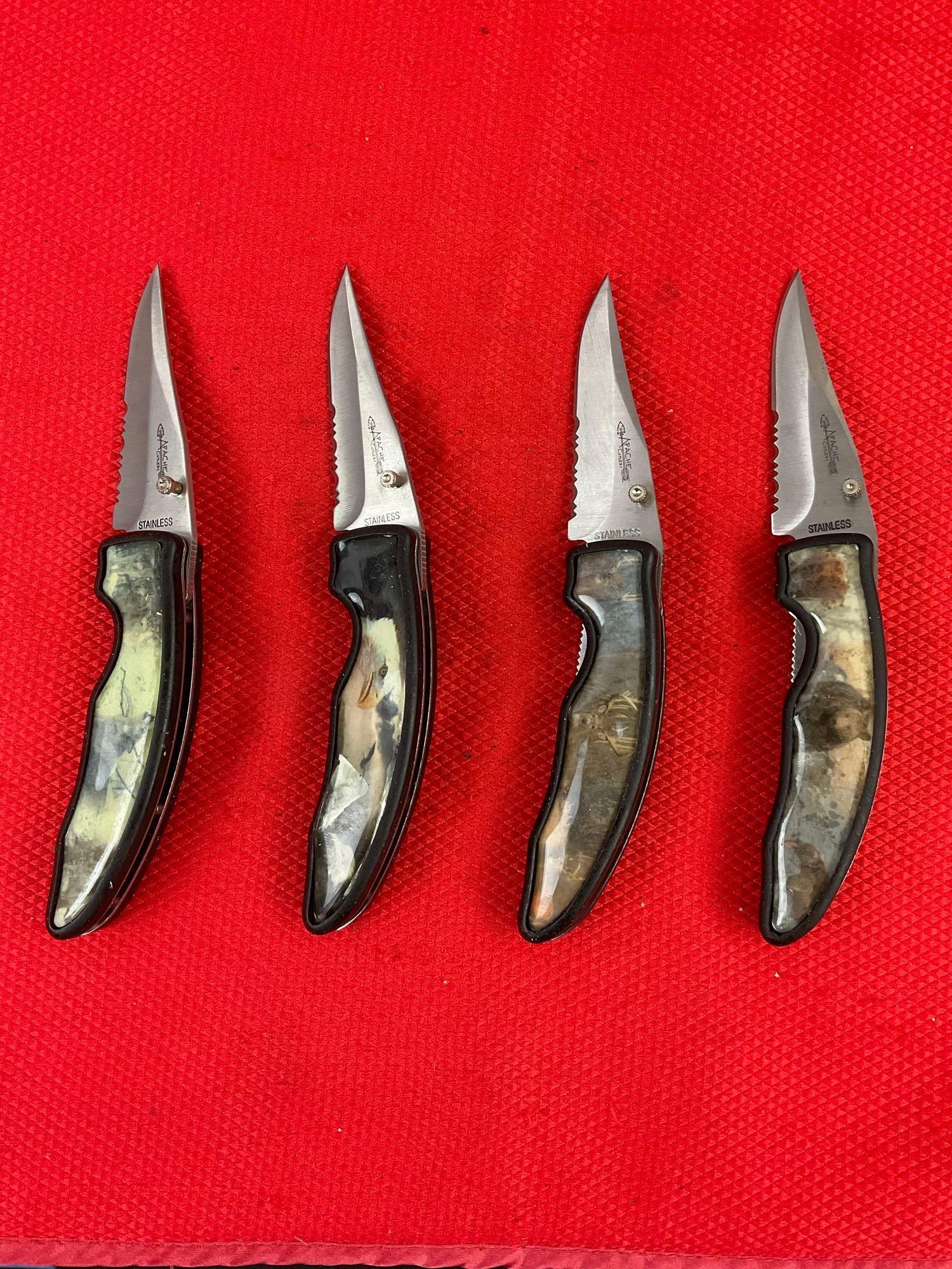 4 pcs Apache Cutlery Wildlife Series Folding Pocket Knives. TA455-BEAR, DEER, EAGLE, WOLF. NIB.