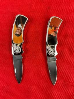 2 pcs Collectible John Wayne Handle Folding Pocket Knives Models KB8785 & 18784. NIB. See pics.