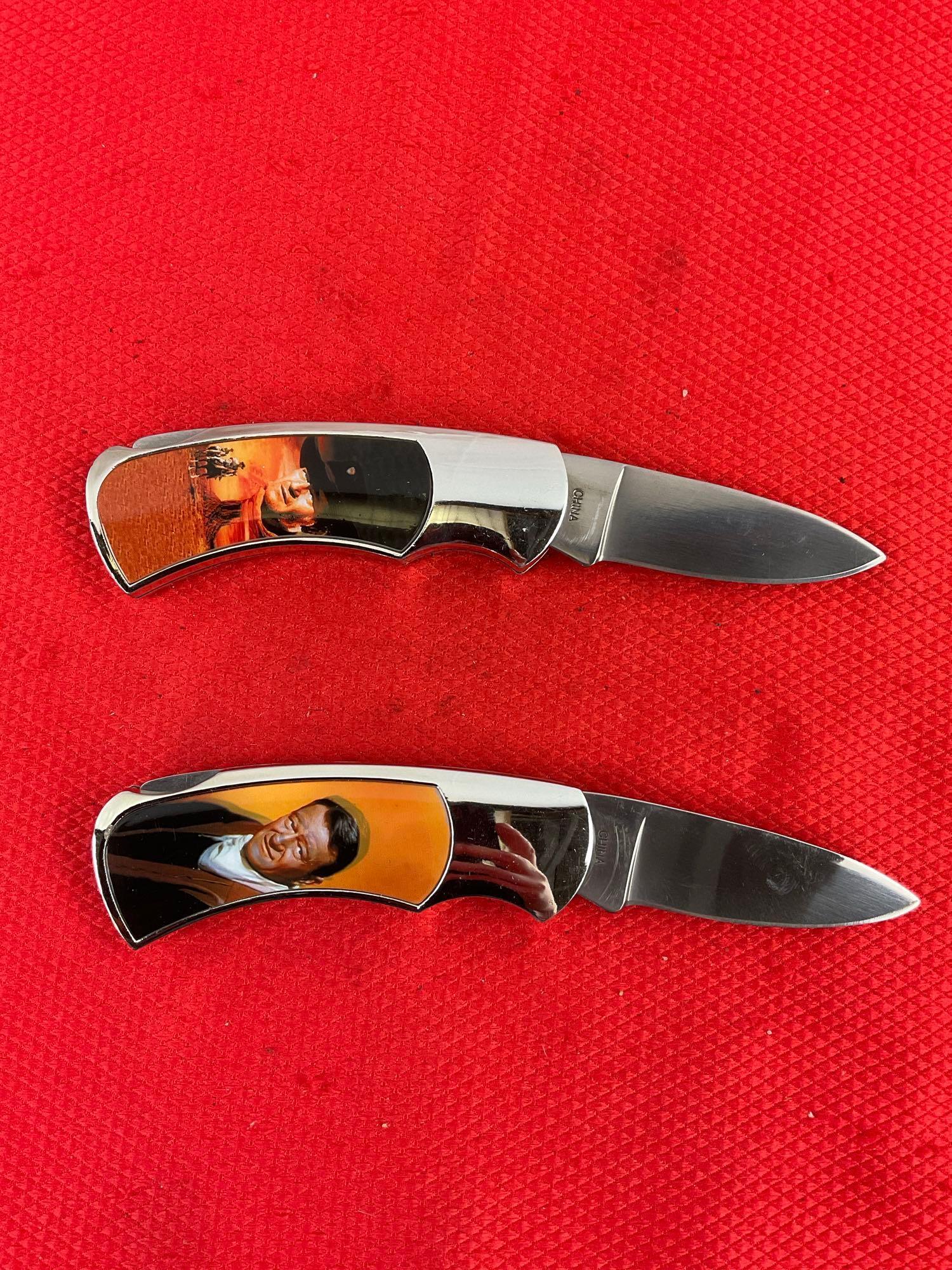 2 pcs Collectible John Wayne Handle Folding Pocket Knives Models KB8785 & 18784. NIB. See pics.