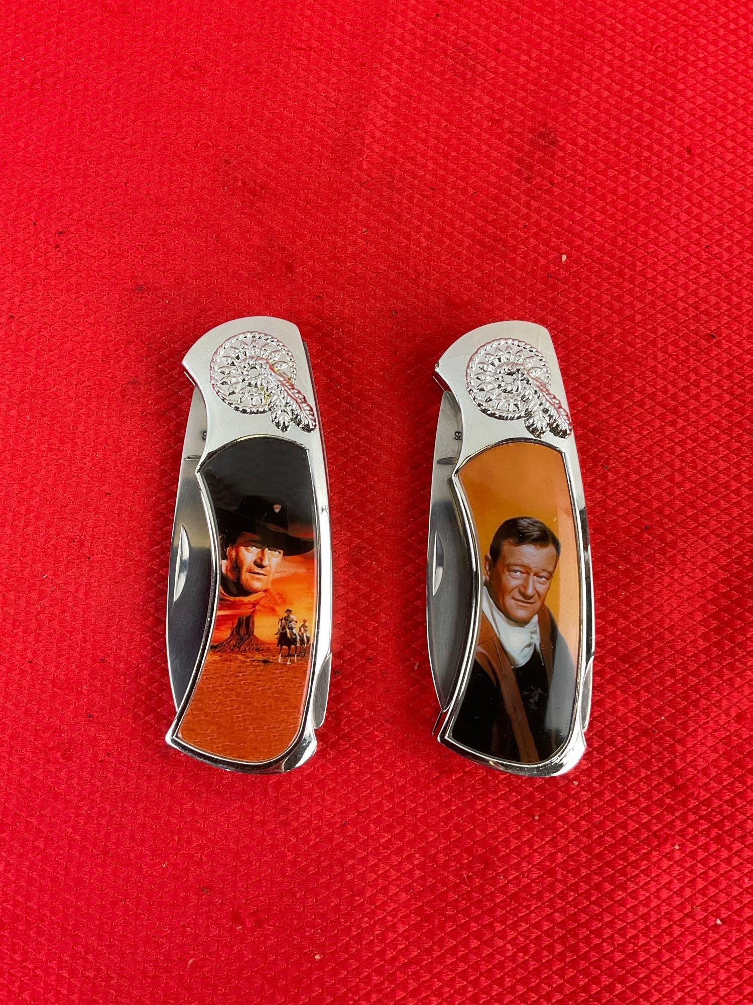 2 pcs Collectible John Wayne Handle Folding Pocket Knives Models KB8785 & 18784. NIB. See pics.